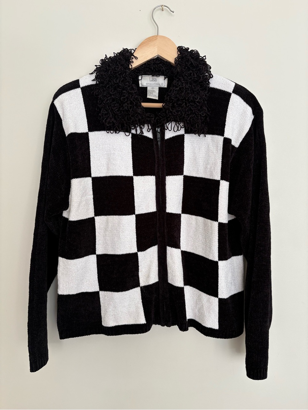 Vintage Y2K Checkered Print Chenille Ruffle Collar Zipper Cardigan